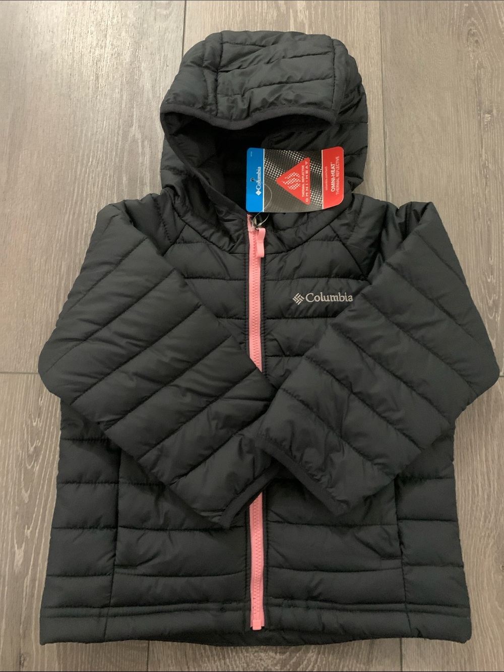 Columbia Black Hooded Kids Puffer Jacket with Pink Zipper